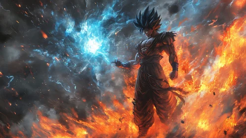 Energy-charged warrior amid bilateral firestorm and blue plasma sphere