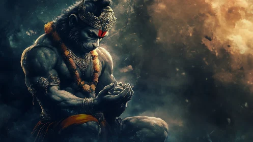 Meditative warrior ape cradling starlight in stormy dusk.