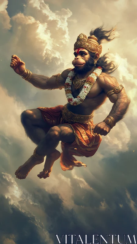 Skyborne monkey warrior leaps through stormlit heavens.