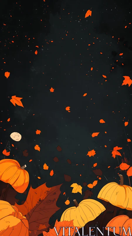 Autumn pumpkins and drifting leaves under starry night sky.
