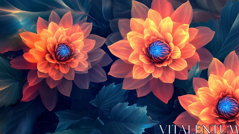 Digital close-up of orange blue flowers on dark foliage.