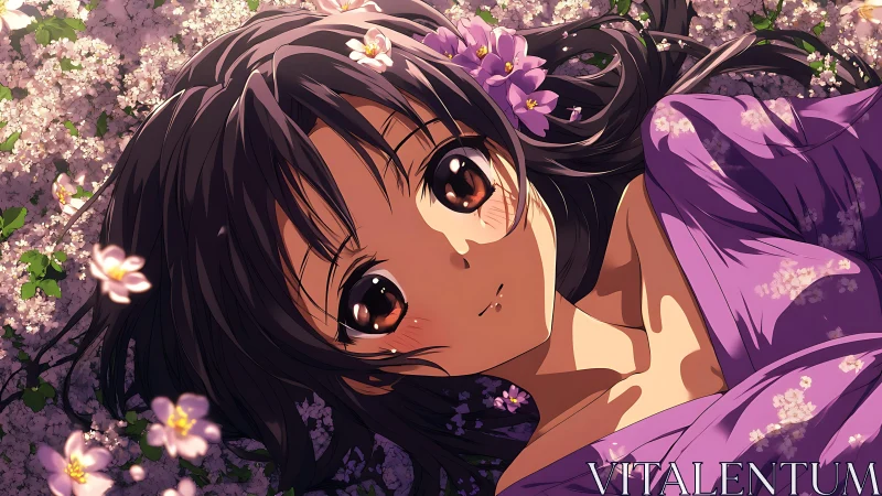 Anime girl in lilac dress lying amid spring blossoms.