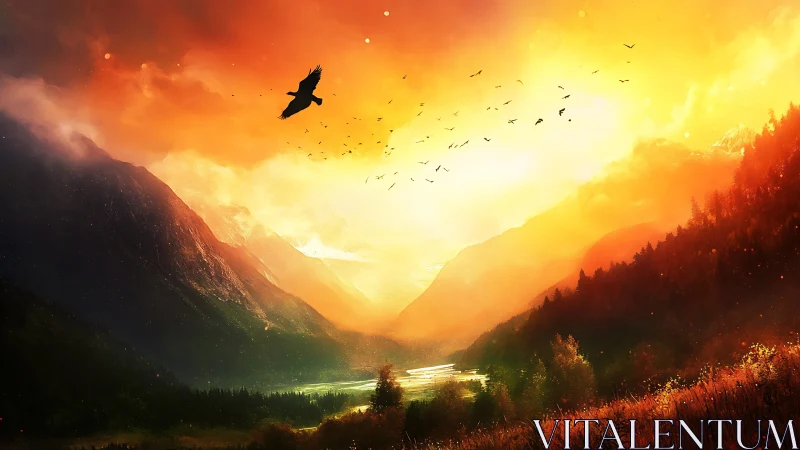 Digital painting sunset valley with soaring silhouette focal point.