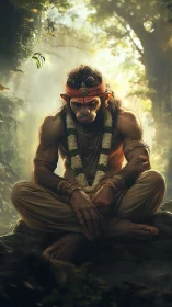 Meditative simian demigod rendered in dramatic forest backlight