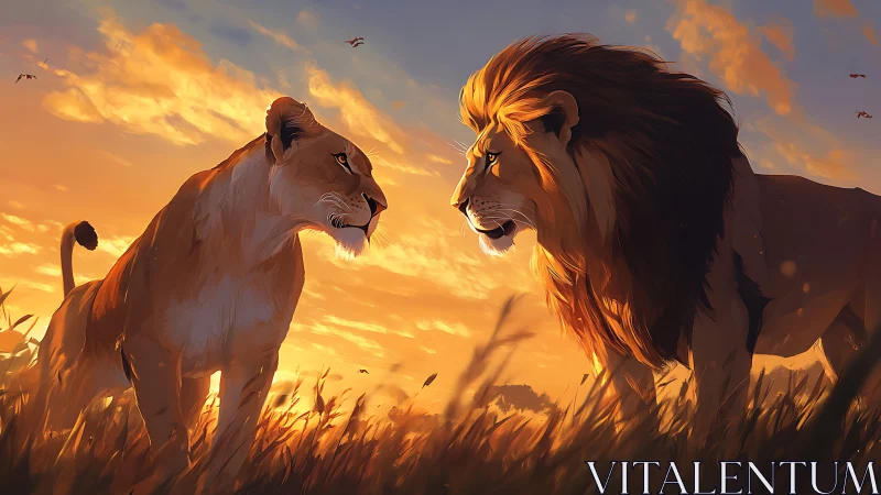 Warm-toned savanna encounter: leonine predators in golden hour illumination