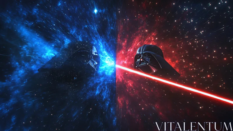 Twin dark helmets surge through space in a blazing duel
