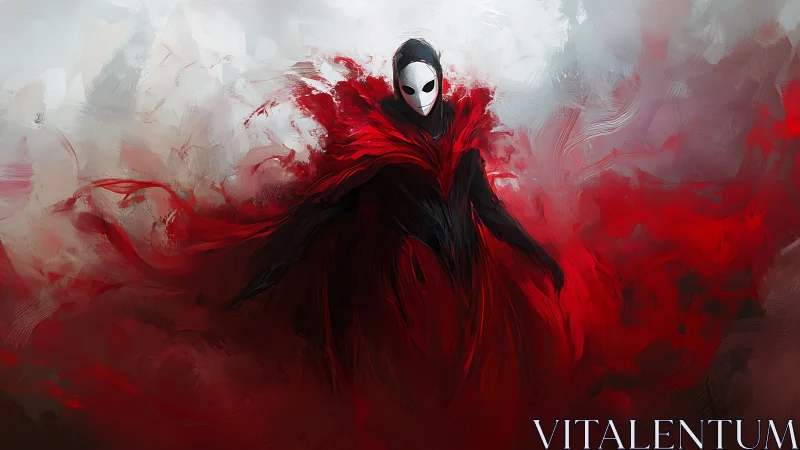Masked wraith figure in crimson vortex on misted backdrop.