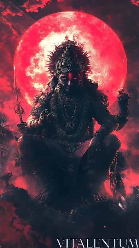 Dark divine warrior figure before huge red full moon.