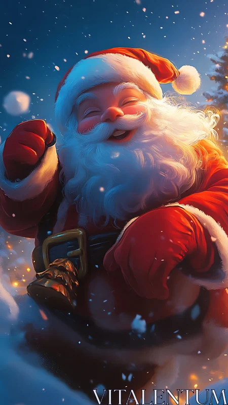 Joyful Santa portrait in glowing snow-lit winter night.