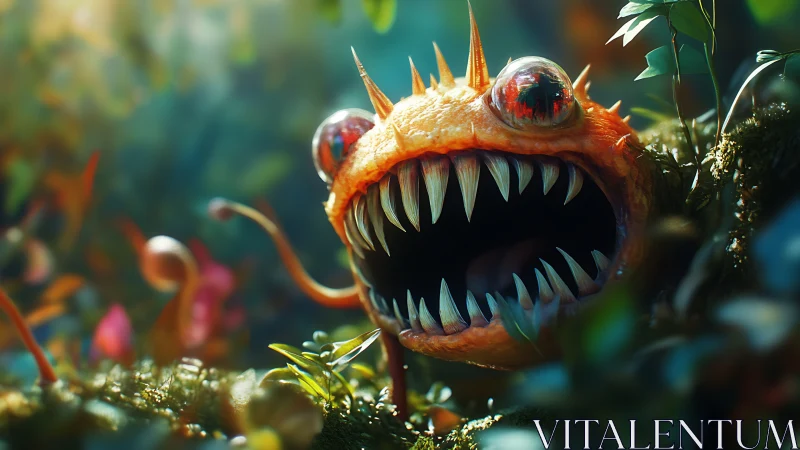 Orange forest monster with sharp teeth in lush foliage.