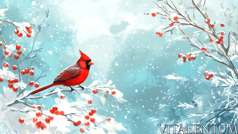 Scarlet cardinal on snowy berry branches in teal winter haze.