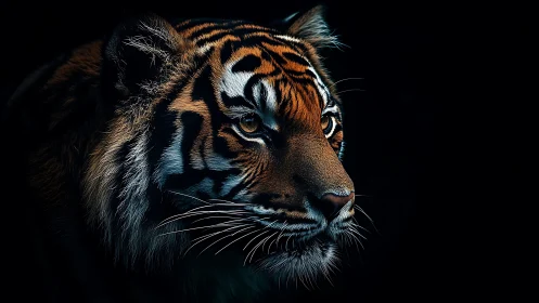 Side profile study of tiger head against black background.