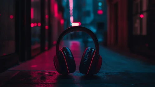 Headphones glow softly in neon drenched night alleyway scene