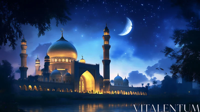 Moonlit golden mosque beneath star-filled indigo sky.