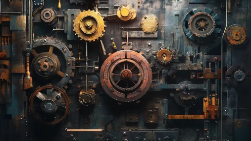 Rust-lit clockwork wall of gears humming with quiet stories.