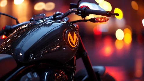 Motorcycle fuel tank reflects blurred city night lights clearly