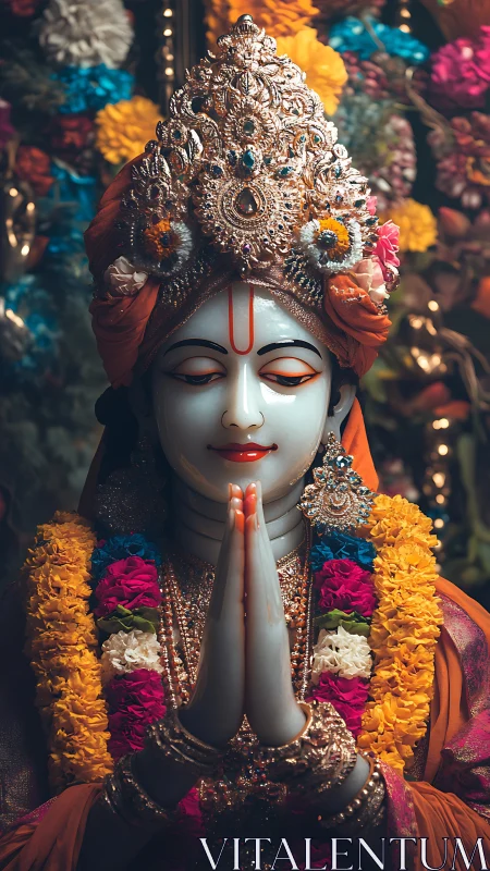 Silent lotus gaze in jeweled devotion, marigolds whispering prayers.