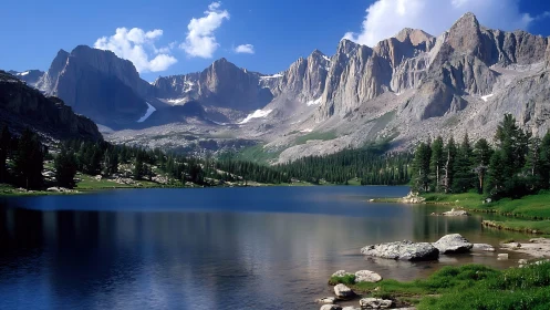 Peaceful mountain lake cradled by sunlit granite peaks.