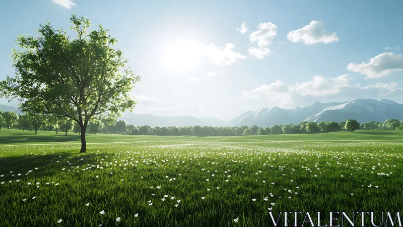 Sunlit lone tree in expansive photoreal meadow landscape.
