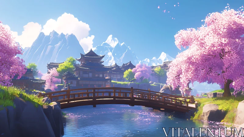 Serene wooden bridge in cherry blossom mountain village scene.