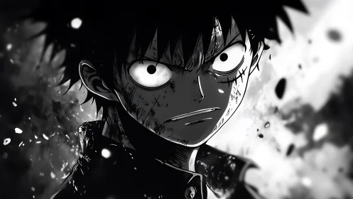 Intense anime fighter stares forward through swirling debris