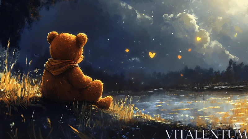 Teddy bear watches glowing hearts drift over a moonlit lake
