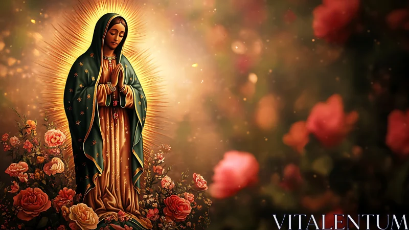 Iconic robed figure rendered with radial light halo and floral foreground