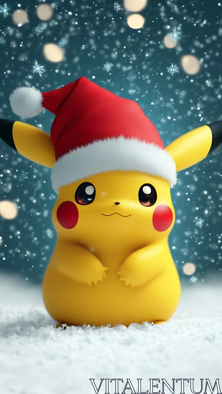 Cute yellow mascot in Santa hat on snowy winter scene.