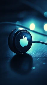 Close-up of illuminated tech logo on circular device surface.