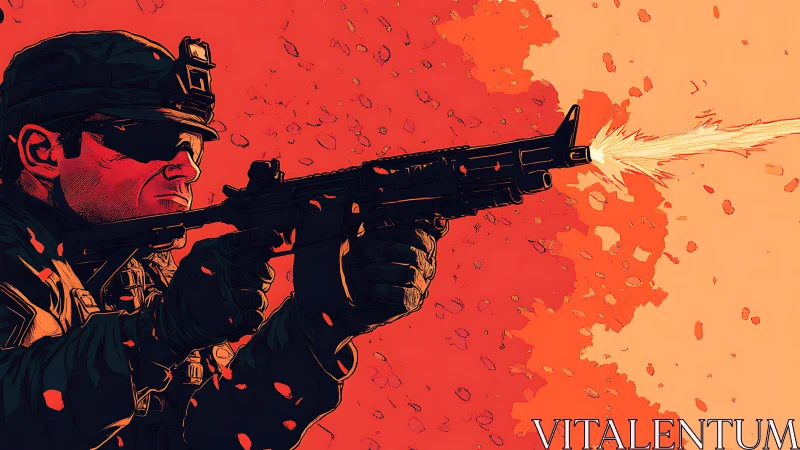 Tactical rifle discharge in high-contrast vector combat tableau.