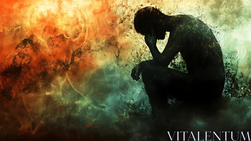 Silhouetted figure in contemplation amid abstract haze.