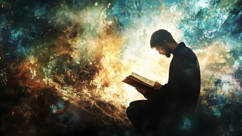 Silhouetted reader illuminated against swirling cosmic nebula backdrop
