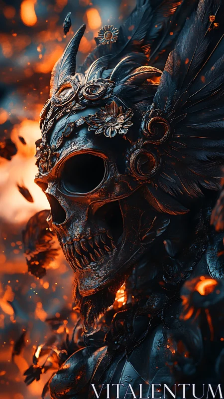 Winged skeletal warrior helmet rendered in fiery 3D scene