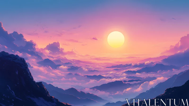 Dream-bright sunrise drifting above violet cloud kingdoms.