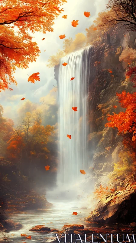 Autumn waterfall in forested canyon with falling foliage.