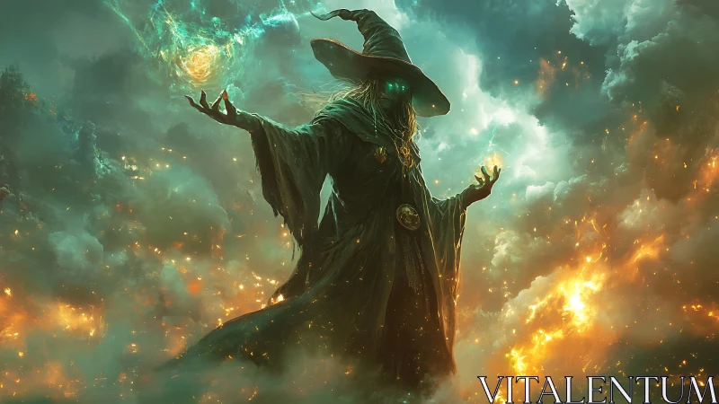 Hooded mage with glowing eyes conjures energy in storm clouds