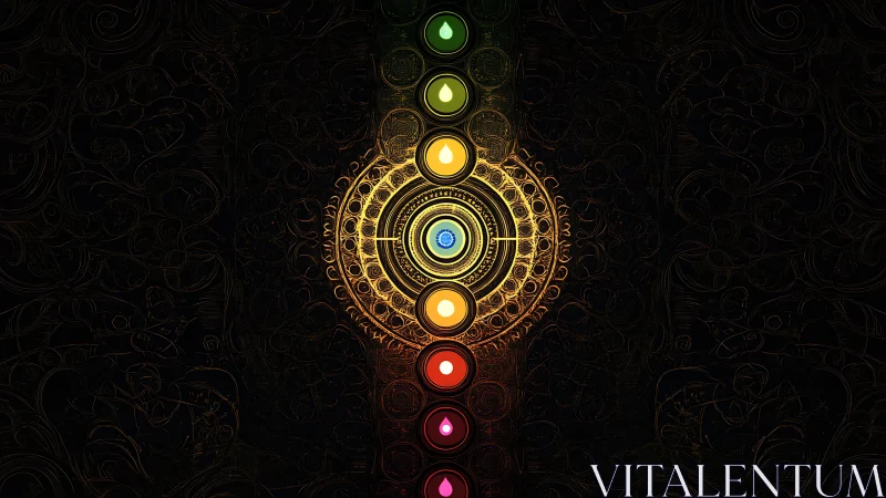 Radiant chakra mandala glowing in a cosmic dark embrace.