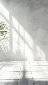 Sunlit minimalist room casts soft palm leaf shadows