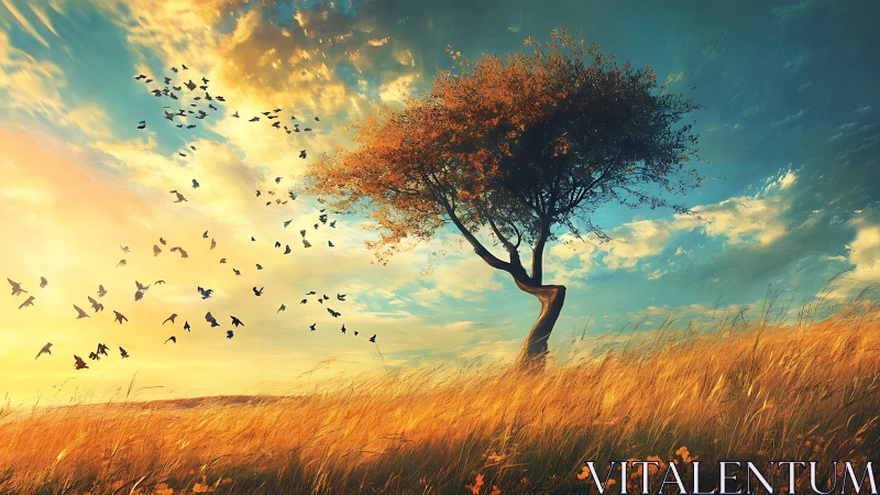 Lone Tree in Golden Field at Sunset, Surreal Digital Art.