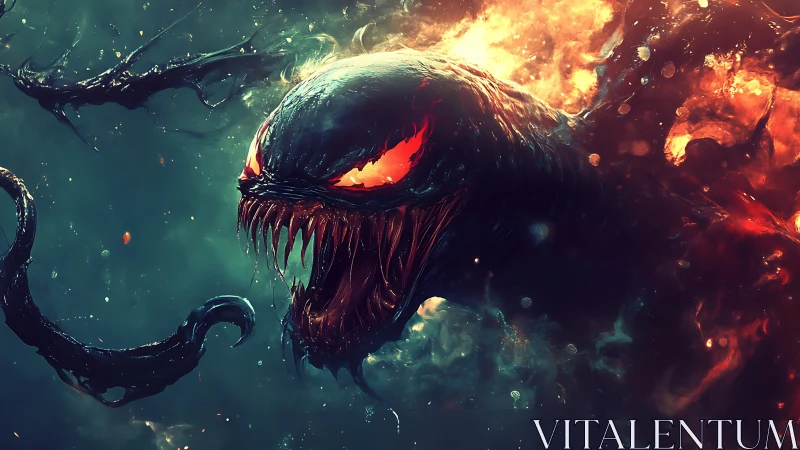 Digital painting of flaming abyssal creature in dynamic profile.