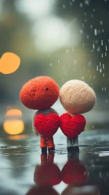 Two Knitted Figures Share Heart Shaped Love in the Rain