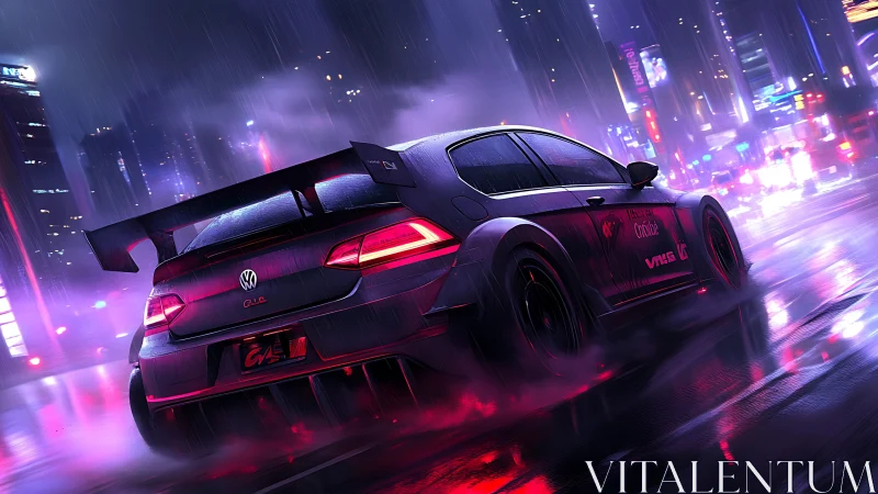 Neon city rain chase with a tuned night racing hatchback.