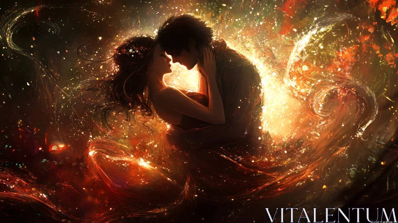 Two figures silhouetted against radiant golden and crimson light burst