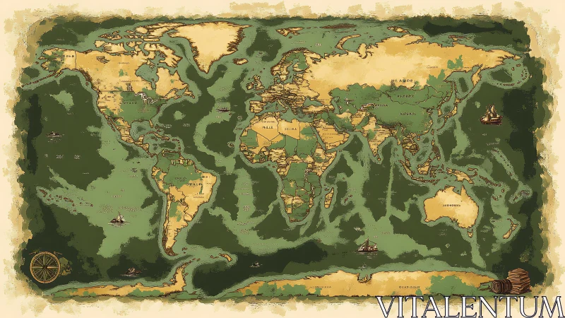 Vintage-style world map with continents and sea vessels.
