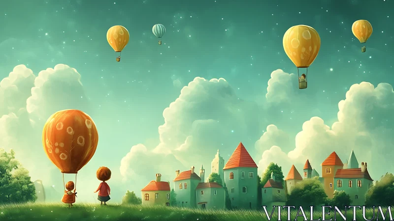 Whimsical hot air balloons over stylized storybook village sky.