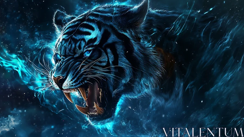 Fiery blue tiger spirit roaring through the cosmic night.