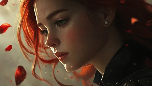 Red-haired warrior in quiet contemplation among petals.