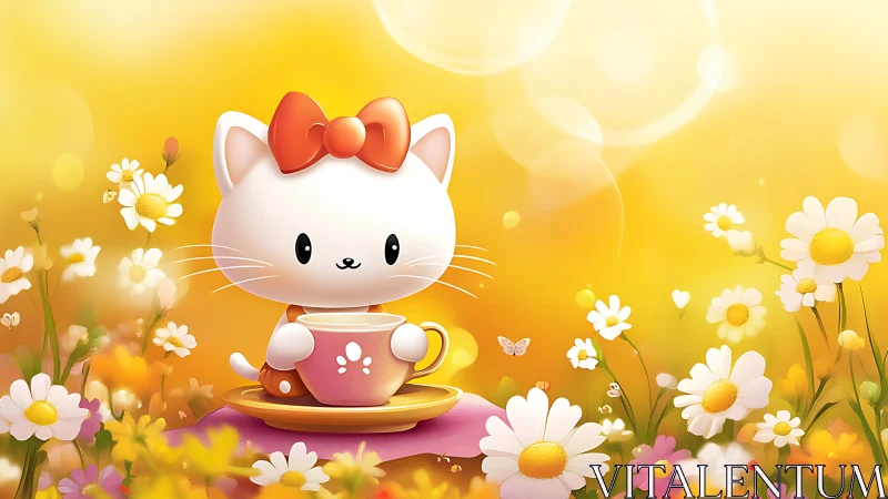 Cute stylized white kitten drinking tea in a sunlit flower field
