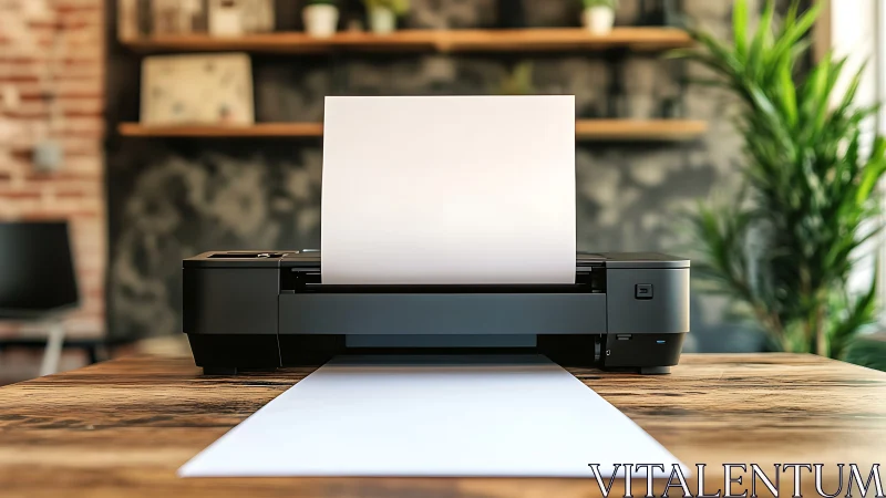 Inkjet printer sits on wooden desk with blank paper loaded