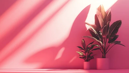 Monstera houseplants cast dramatic shadows in pink light